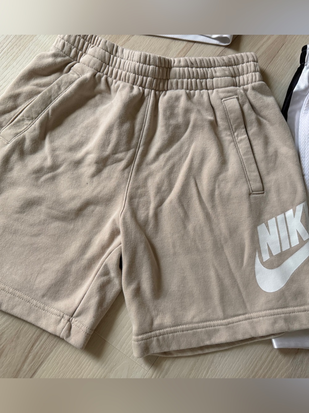 Nike Kids Beige Tan Fleece Shorts with White Logo